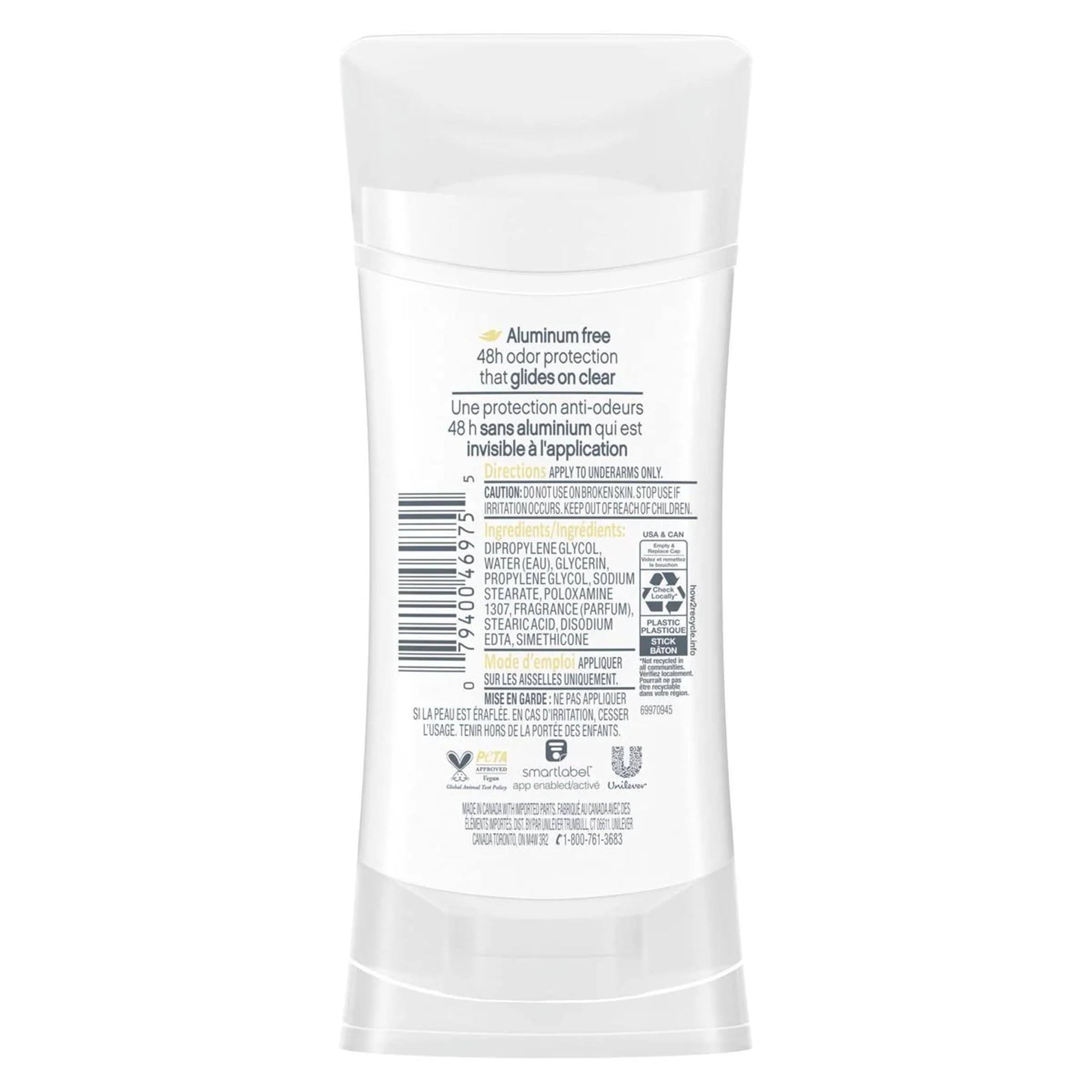 Dove Sensitive 0% Aluminum Deodorant Stick close-up highlights gentle formula.
