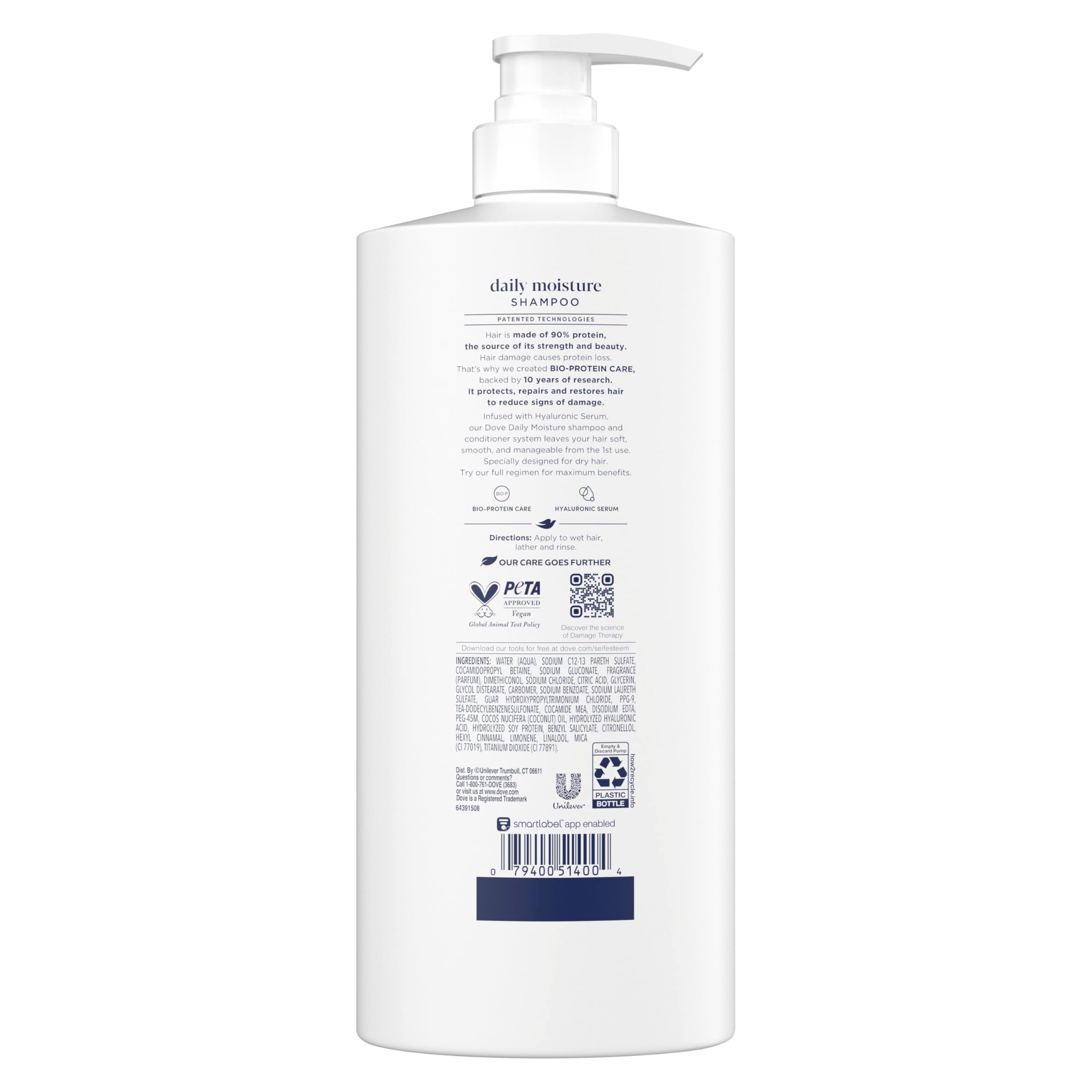 Dove Sérum Hialurónico en etiqueta resalta hidratación profunda para el cabello.