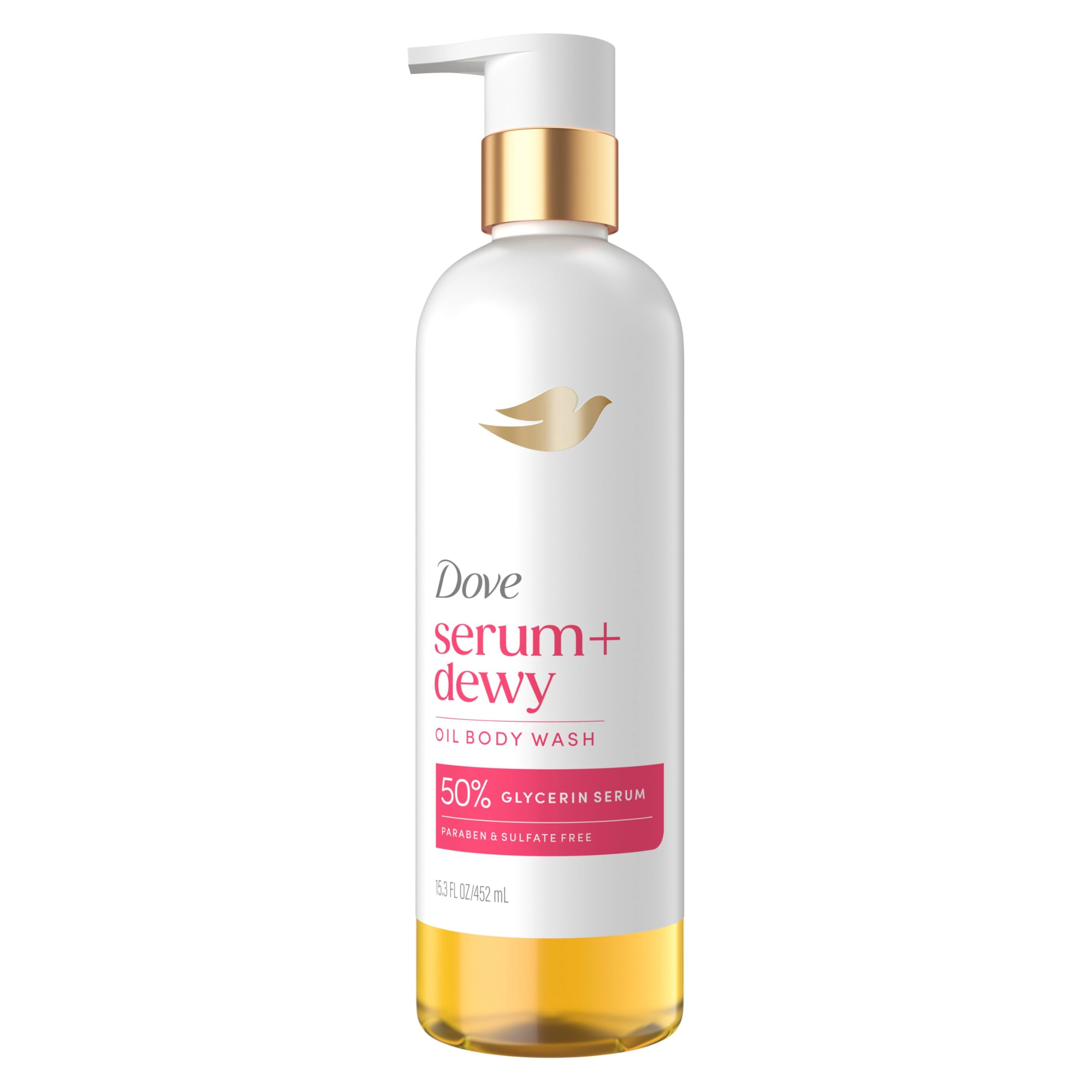 Dove Serum Shower Oil, vista del bote, hidratación profunda para piel suave.