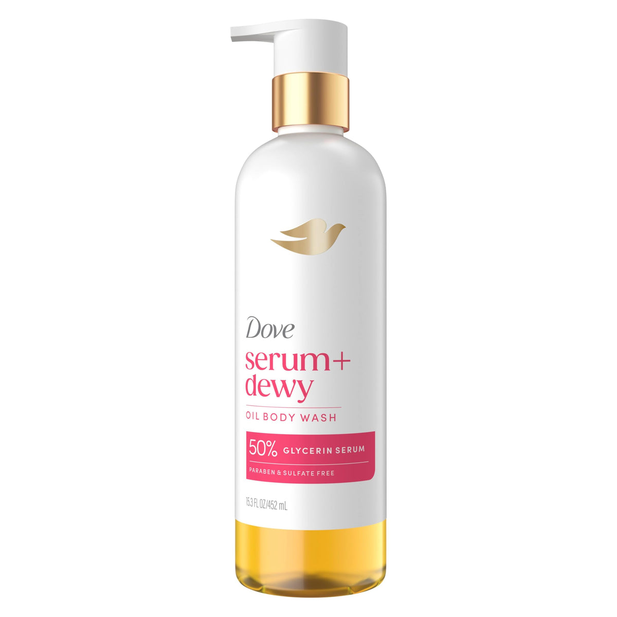 Dove Serum Shower Oil, vista del bote, hidratación profunda para piel suave.
