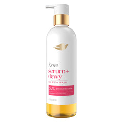 Dove Serum Shower Oil, vista del bote, hidratación profunda para piel suave.