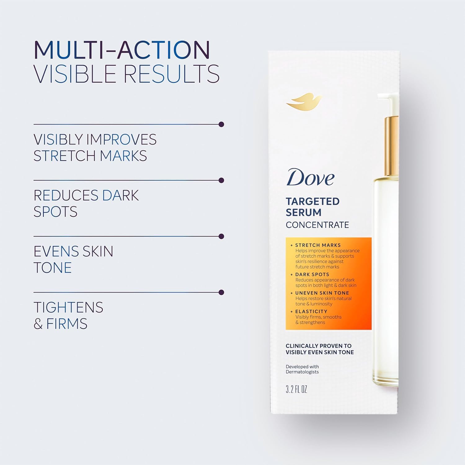 Péptidos de colágeno en Dove Targeted Serum para apoyo de firmeza.