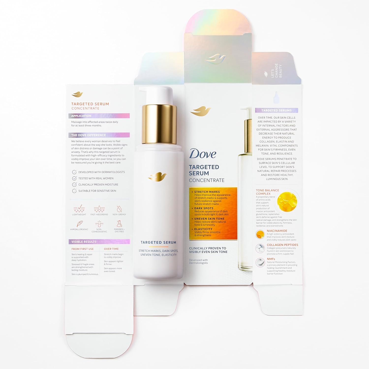 Vitamina E en Dove Targeted Serum para nutrición de la piel.
