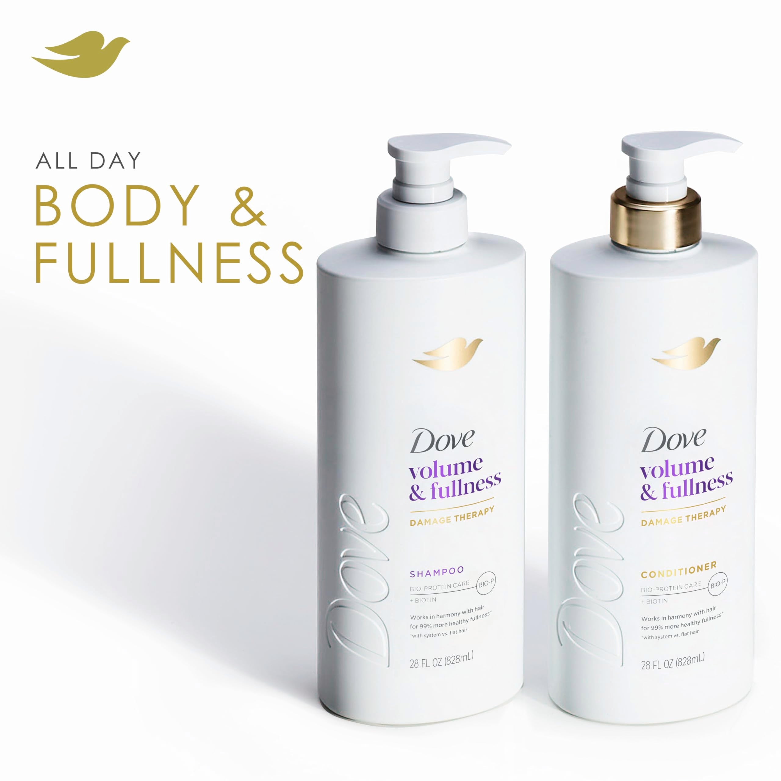 Dove Volume & Fullness con tecnología Bio-Proteína fortalece el cabello tras cada lavado.