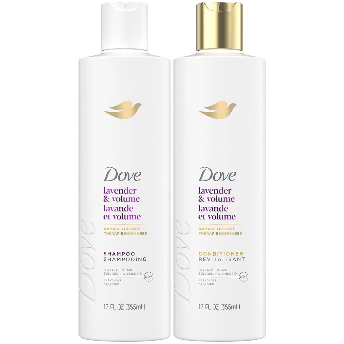 Dove Shampoo Lavanda Volumen: impulso de cuerpo ligero para cabello fino.