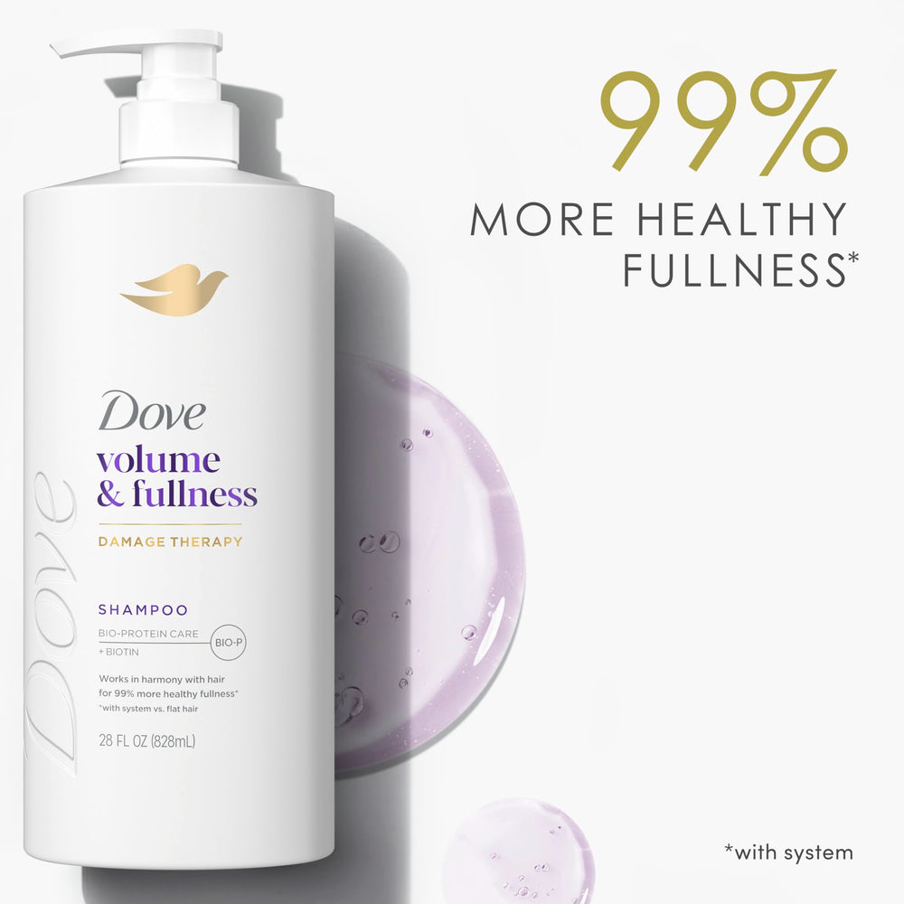Dove Volume & Fullness fragancia suave y cabello fresco tras el lavado.