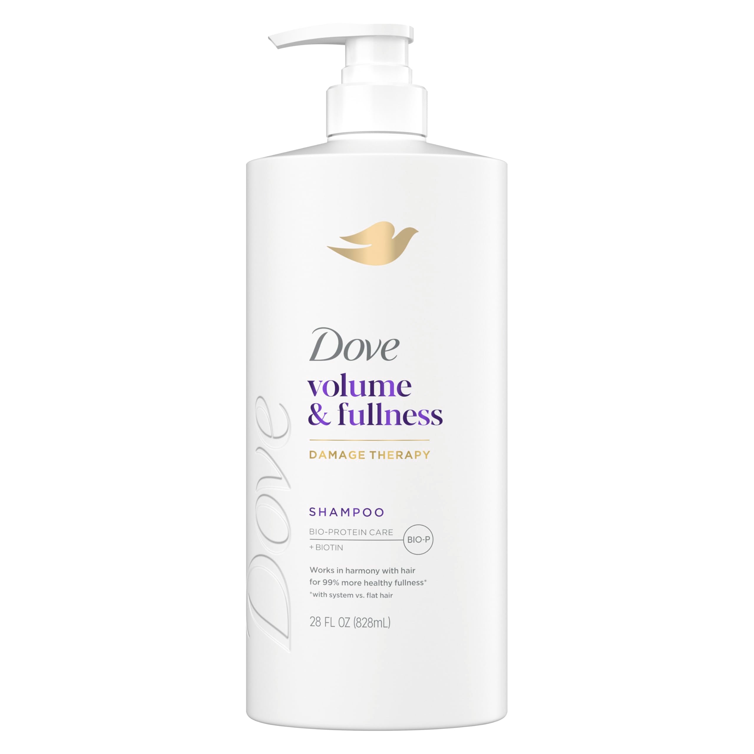 Dove Volume & Fullness champú, botella destacada, voluminiza cabello fino para mayor cuerpo.