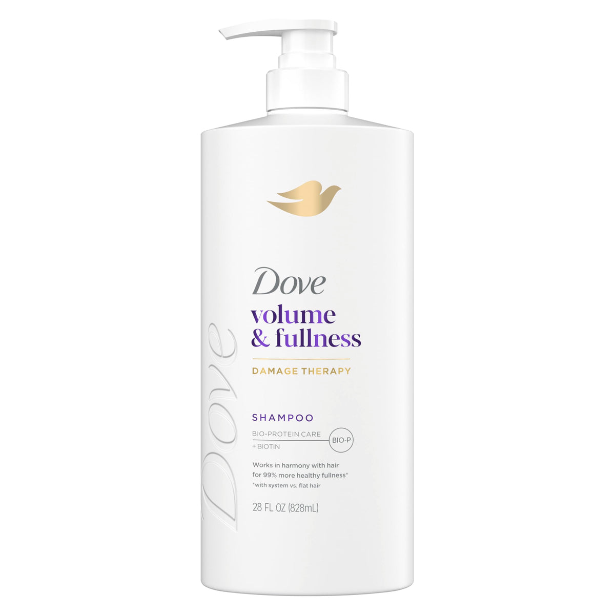 Dove Volume & Fullness champú, botella destacada, voluminiza cabello fino para mayor cuerpo.