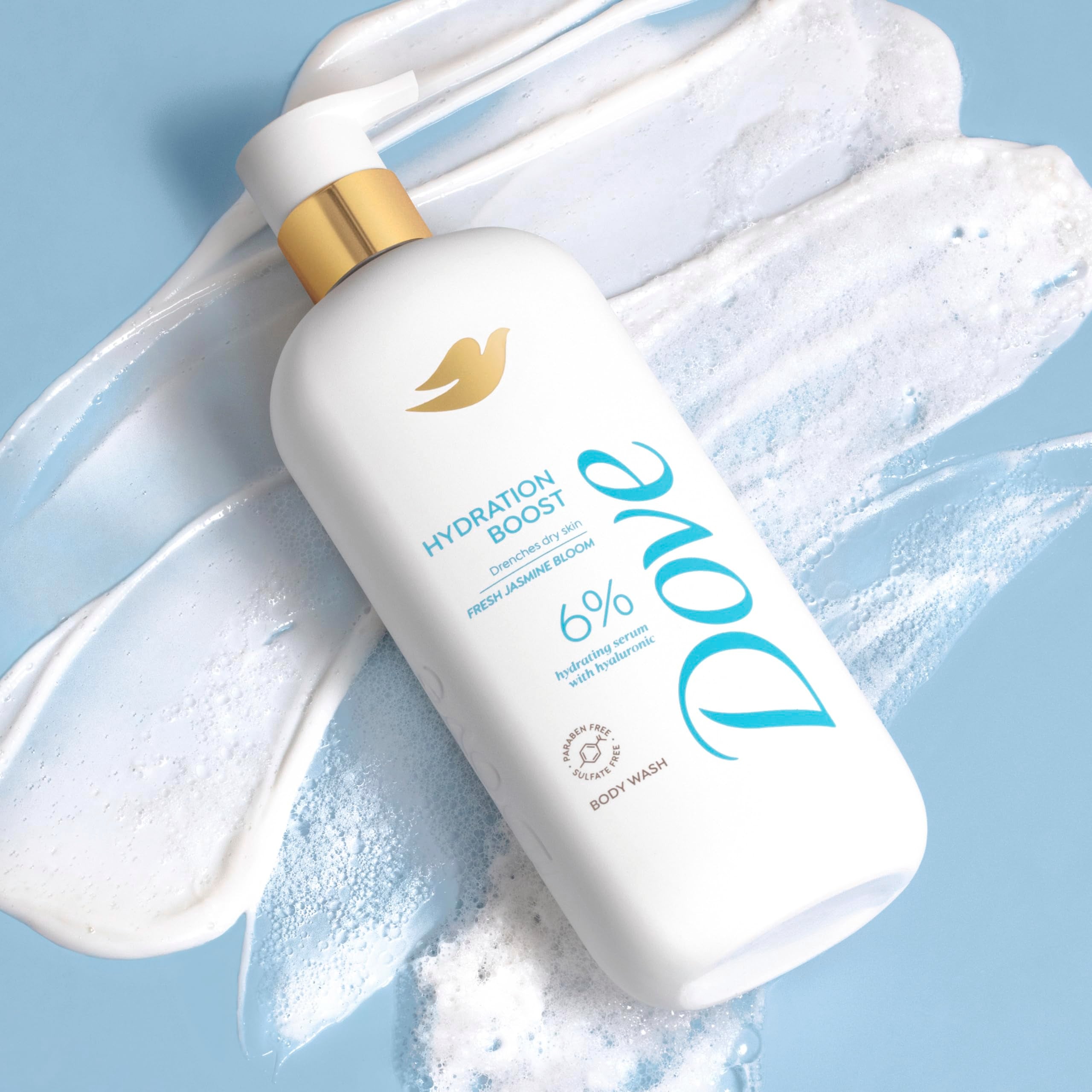 Dove fórmula suave sin sulfatos ni parabenos para piel sensible.