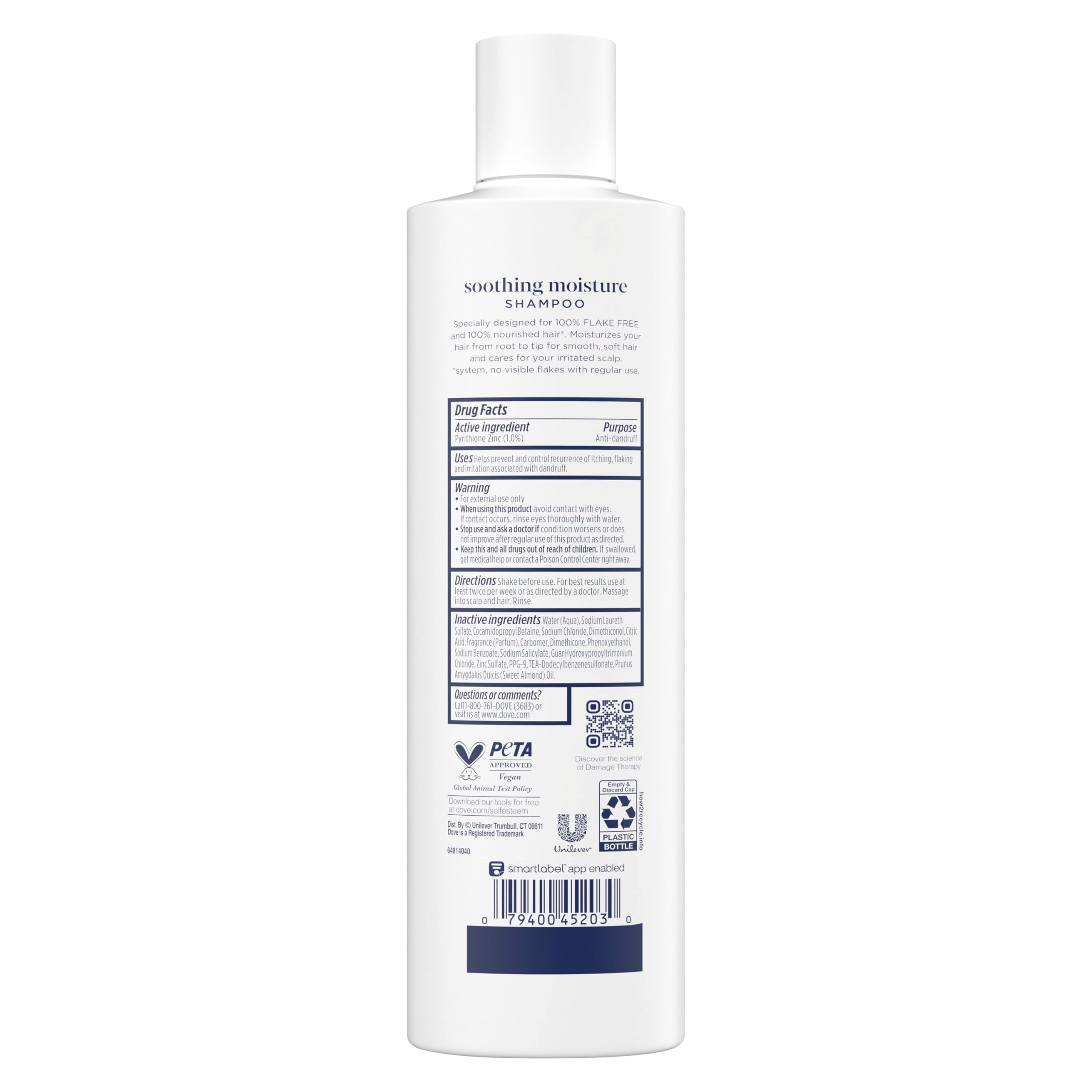 Dove Soothing Moisture Derma Shampoo label close-up with almond oil and zinc