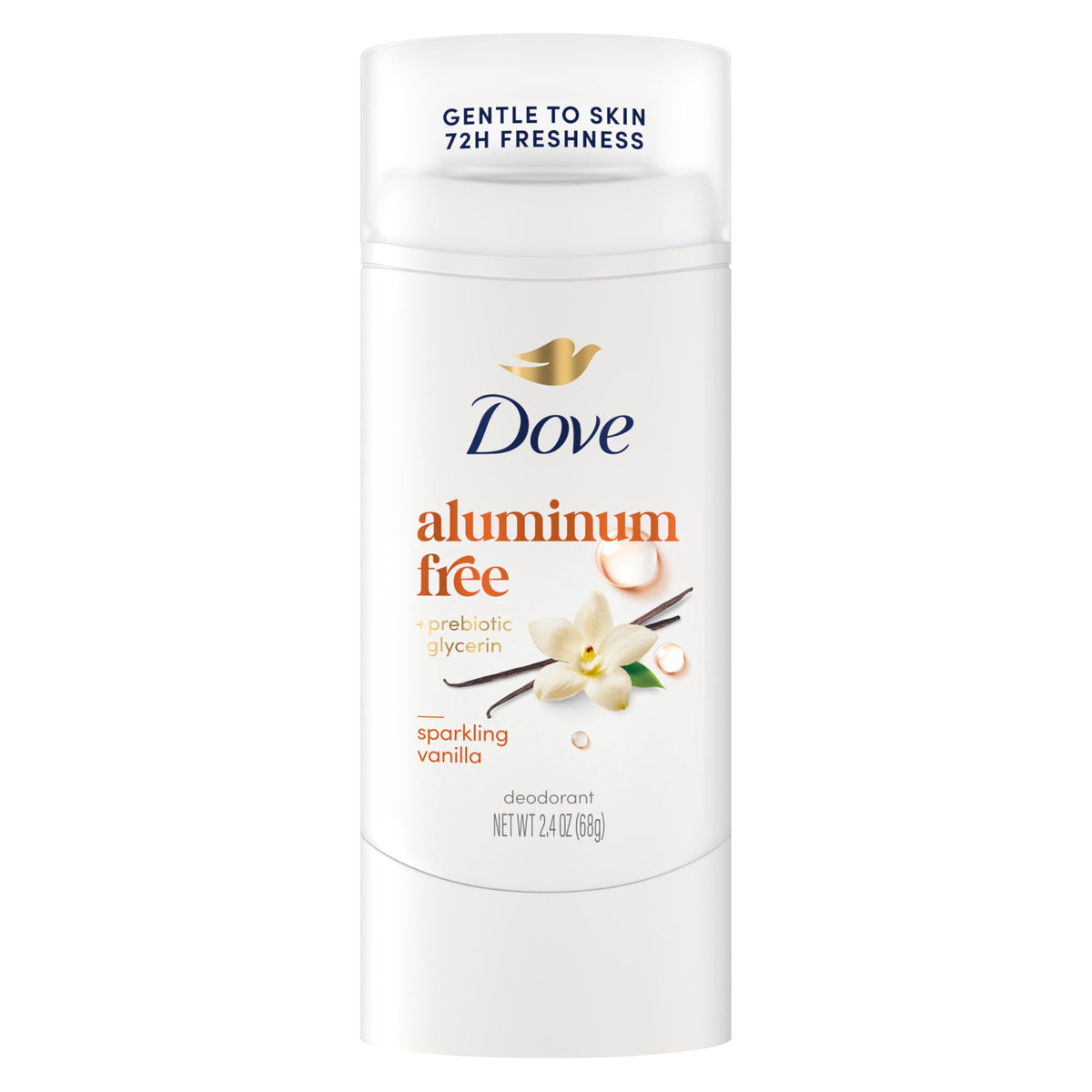 Dove Sparkling Vanilla packaging shows aluminum-free formula for lasting freshness.