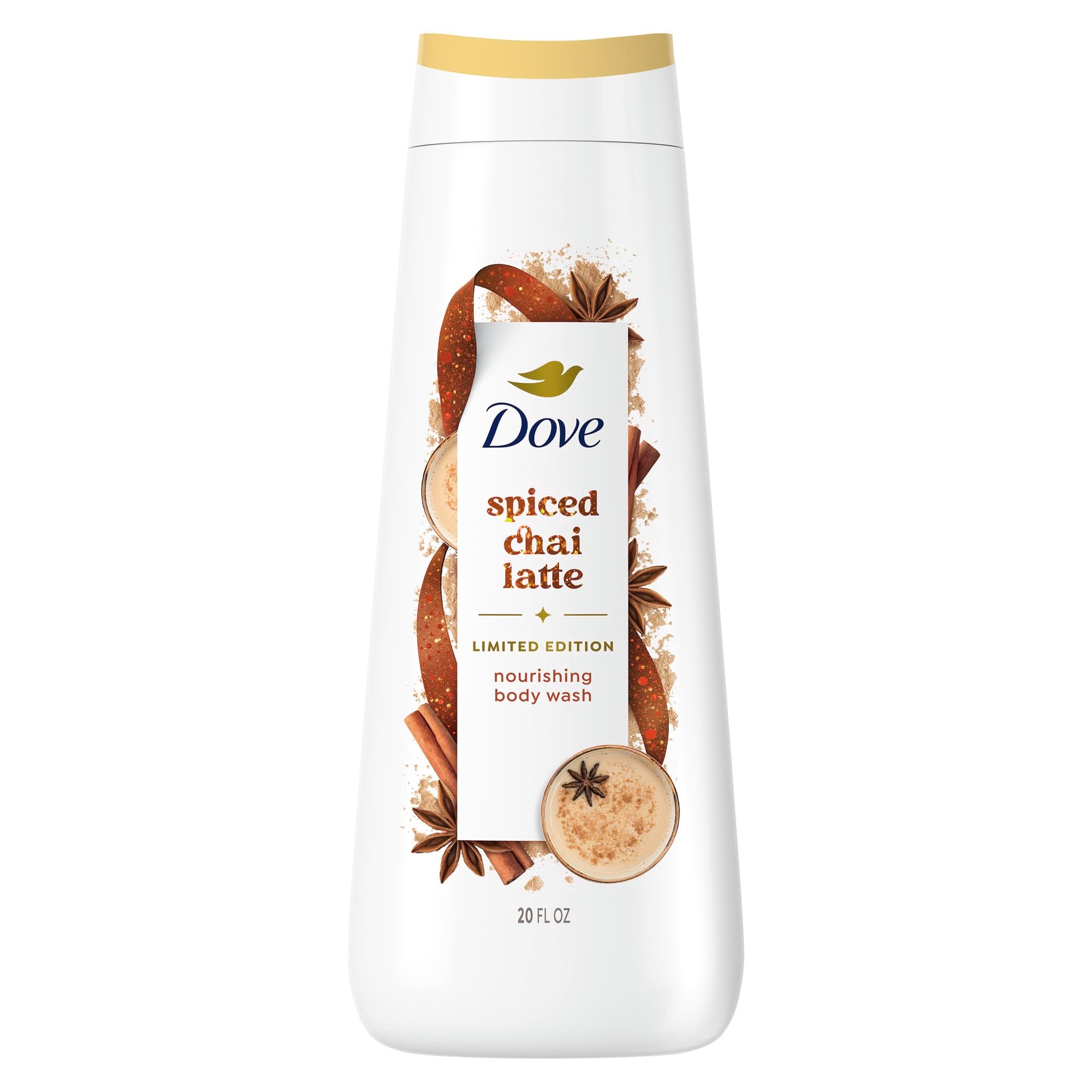 Dove Spiced Chai Latte Body Wash bottle on shelf, nourishing skin is suggested.