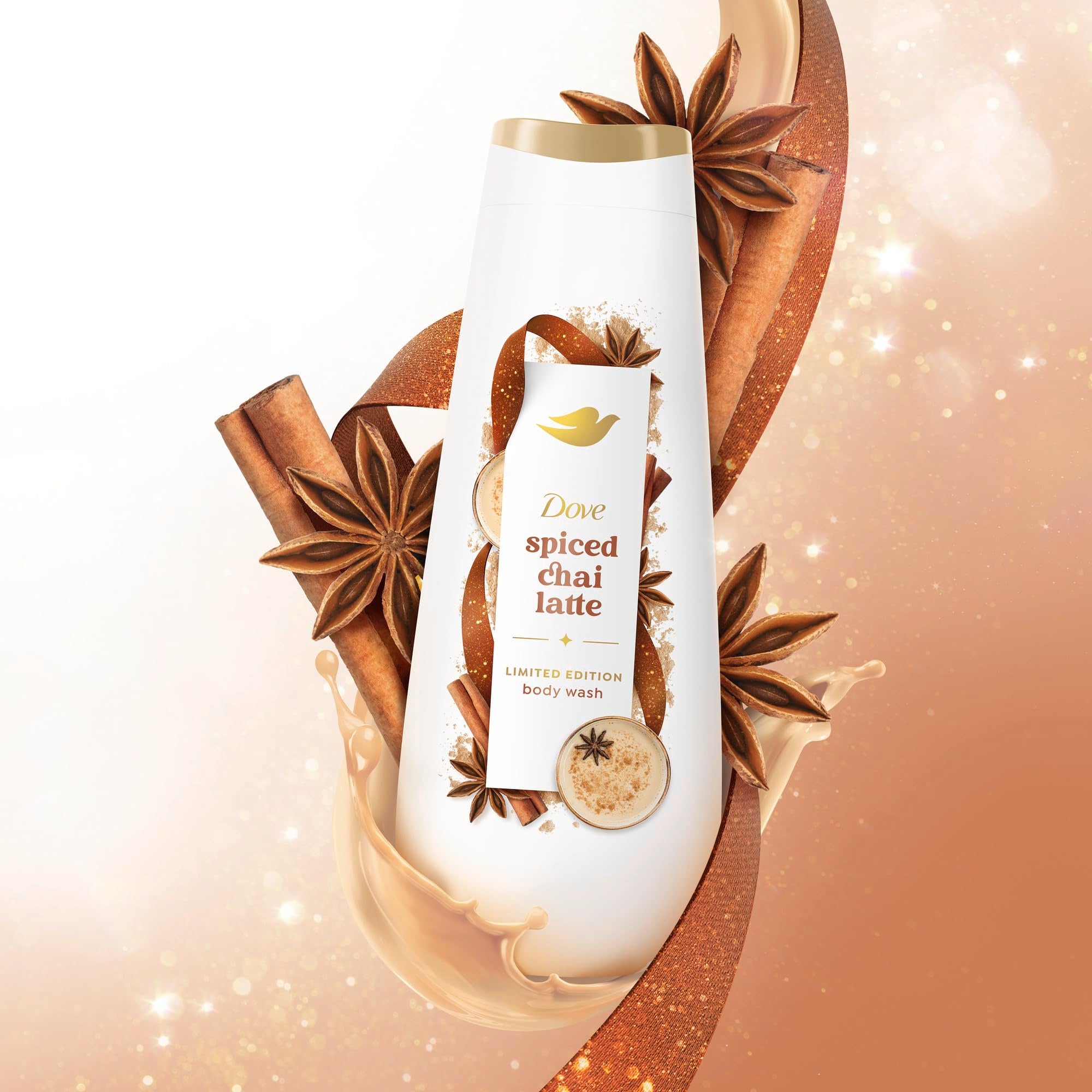 Dove Spiced Chai Latte label detail highlighting plant-based moisturizers.
