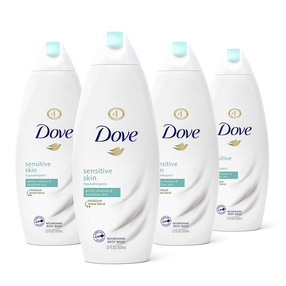 Dove sulfate-free hypoallergenic body wash bottle close-up highlighting the gentle formula for sensitive skin.