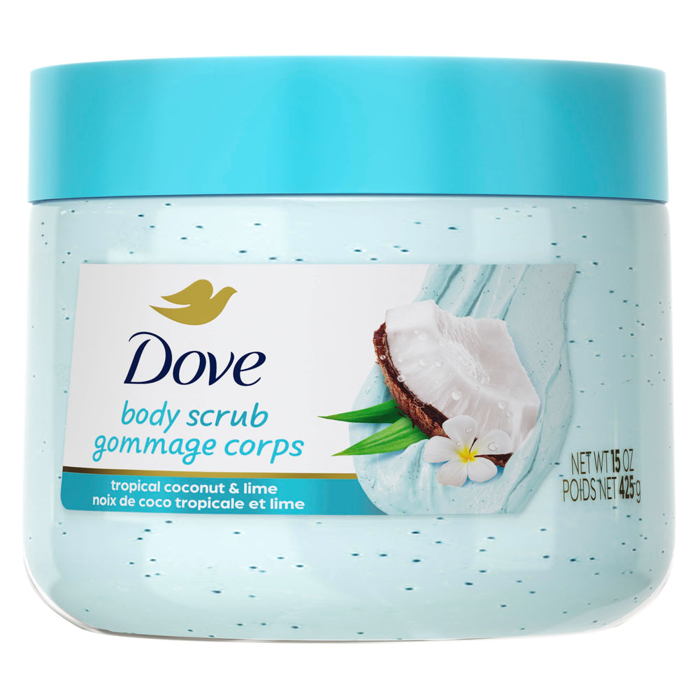 Dove Tropical Coconut Lime scrub jar with creamy exfoliation for smooth skin