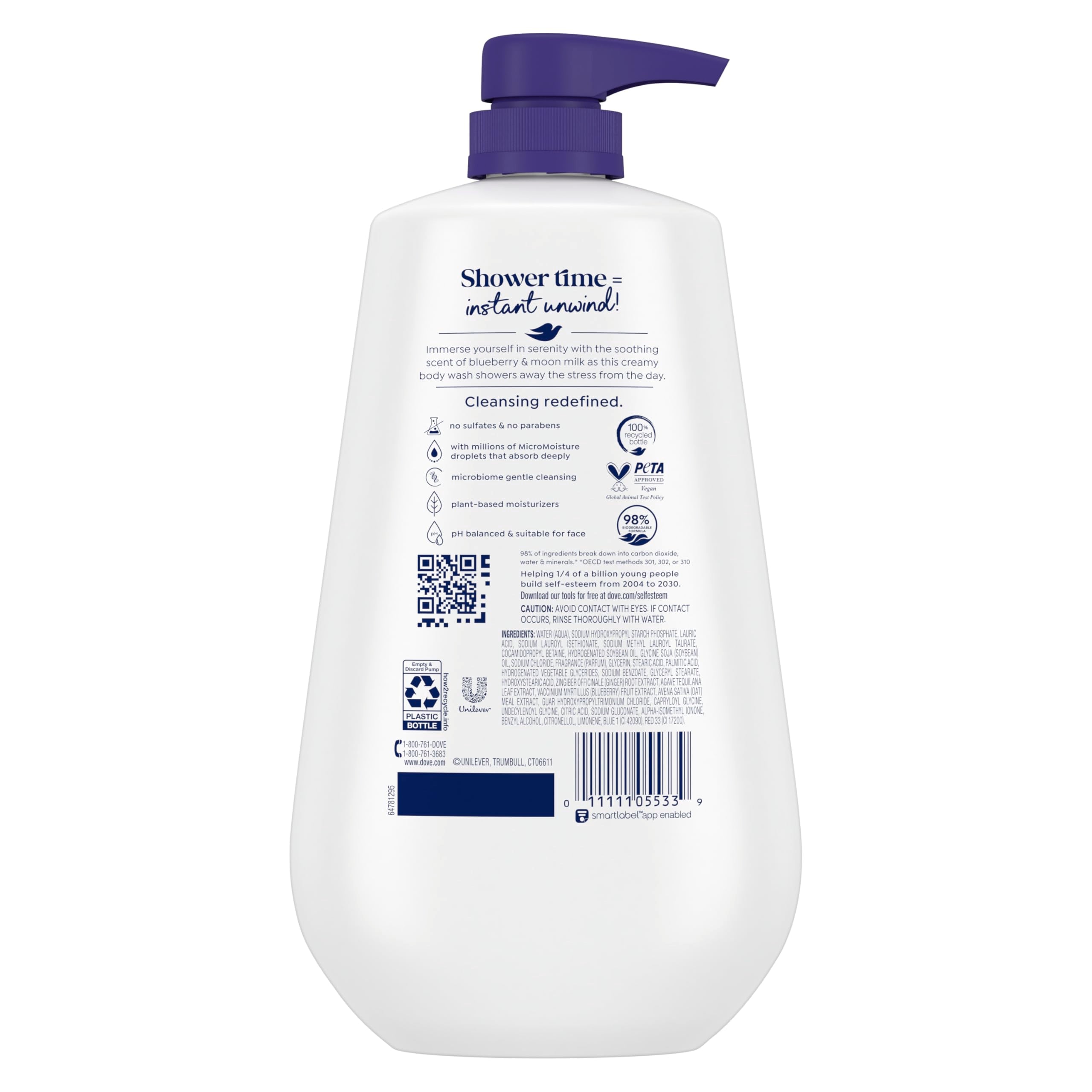 Dove Unwind textura cremosa, limpieza suave y piel confortable.