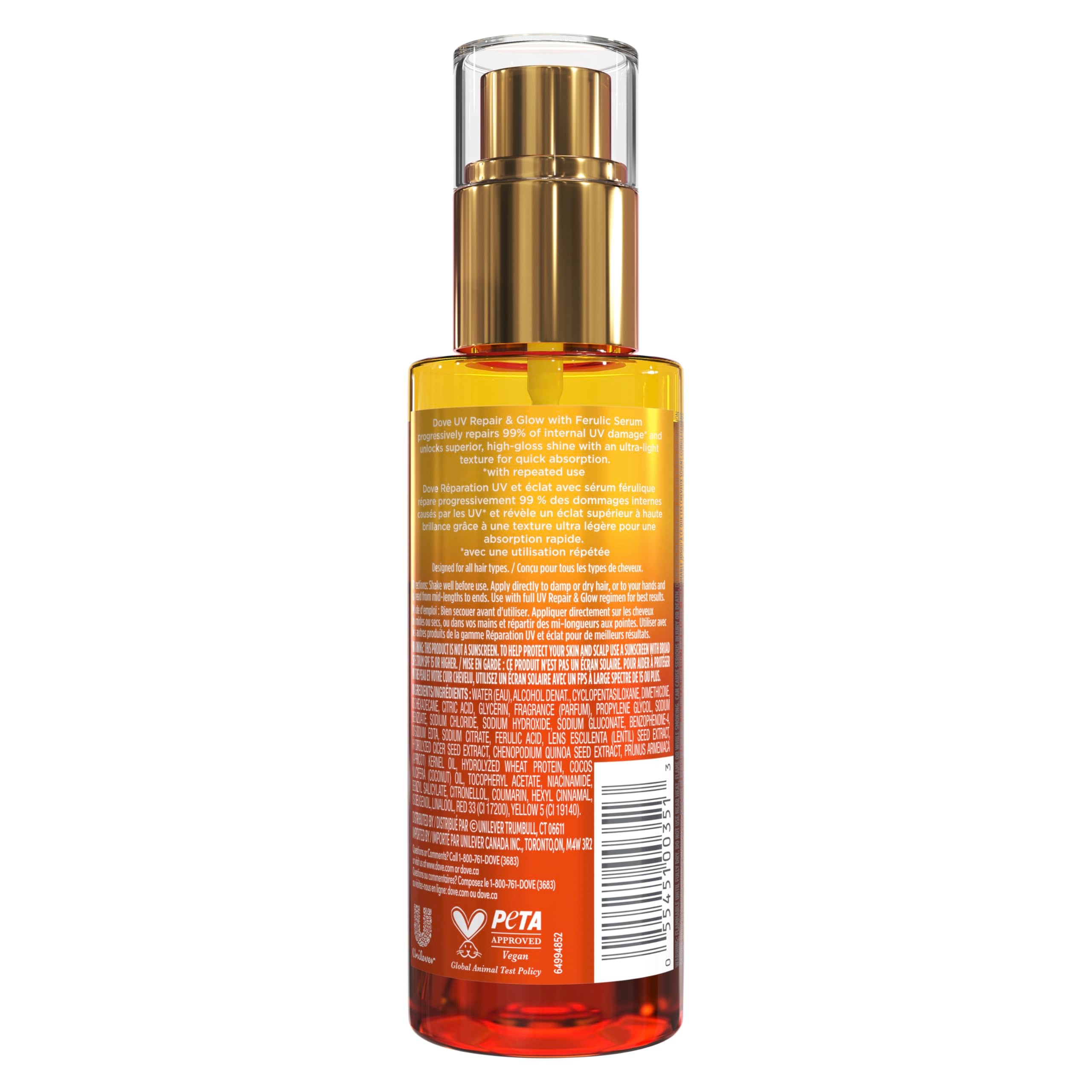 Dove UV Repair & Glow, textura ligera para cabello suave.