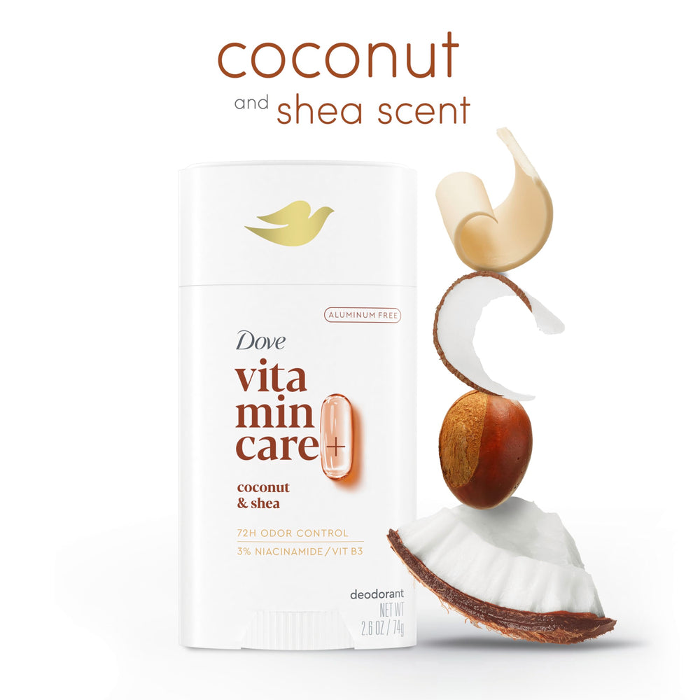 Aplicación suave diaria con Dove VitaminCare+ en barra desodorante.