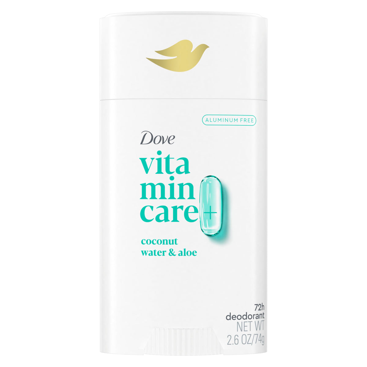 Dove VitaminCare+ desodorante en barra coco-agua, aplicación suave para uso diario.