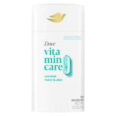 Dove VitaminCare+ desodorante en barra coco-agua, aplicación suave para uso diario.