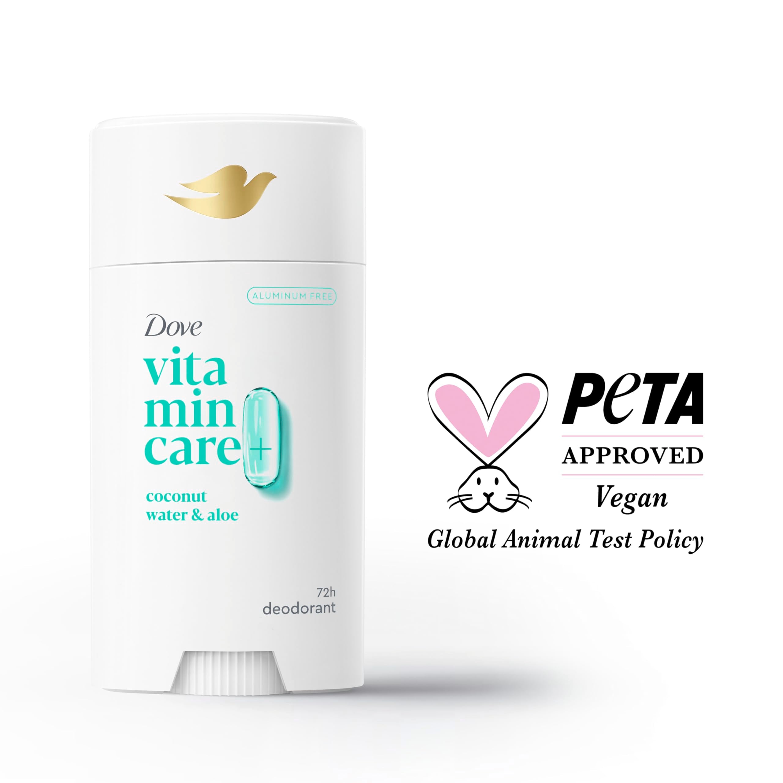 Dove VitaminCare+ sin aluminio, apto para uso diario sin irritación.
