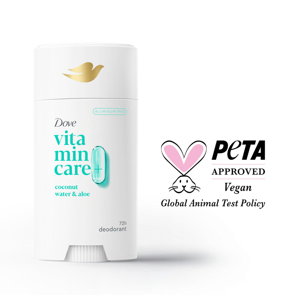 Dove VitaminCare+ sin aluminio, apto para uso diario sin irritación.