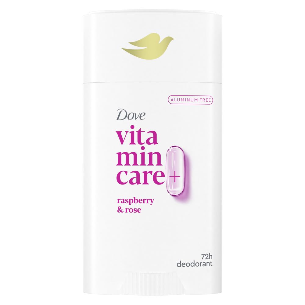 Dove VitaminCare+ desodorante sin aluminio frambuesa y rosa, protección duradera.