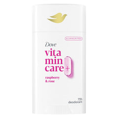 Dove VitaminCare+ desodorante sin aluminio frambuesa y rosa, protección duradera.