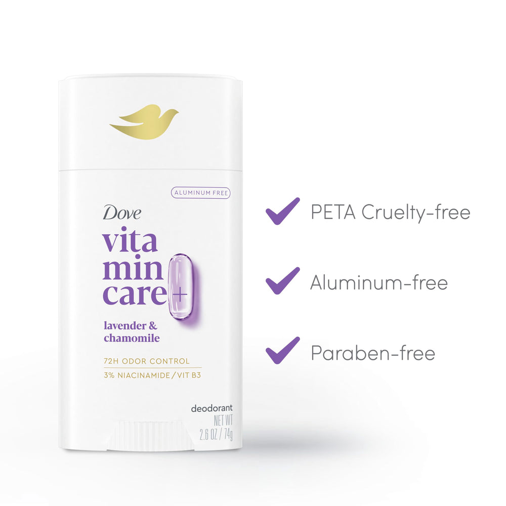 Lavanda y Camomila Dove VitaminCare+ ofrece protección de olor hasta 72 horas.