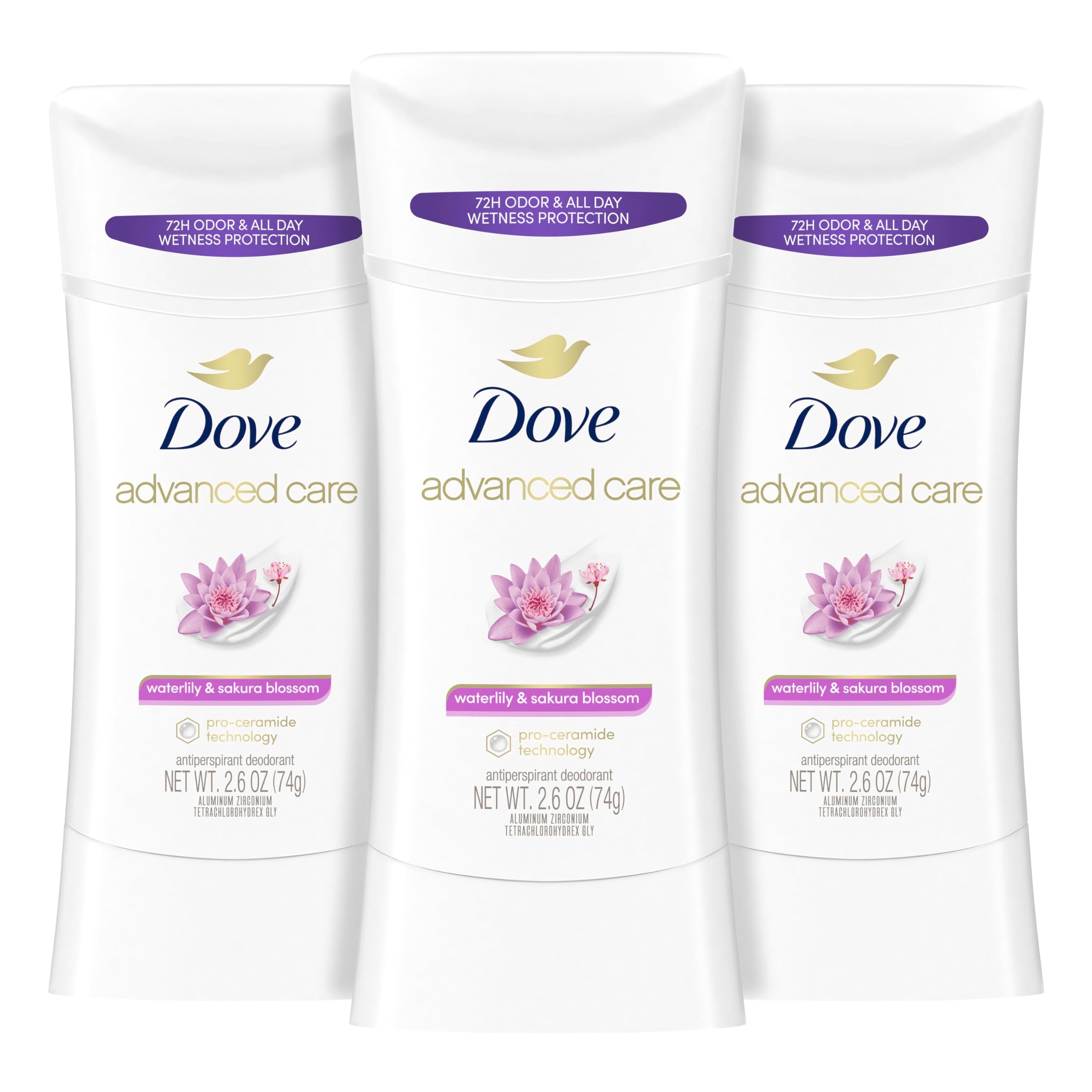 Dove Waterlily & Sakura Blossom antiperspirant stick pack provides daily underarm care