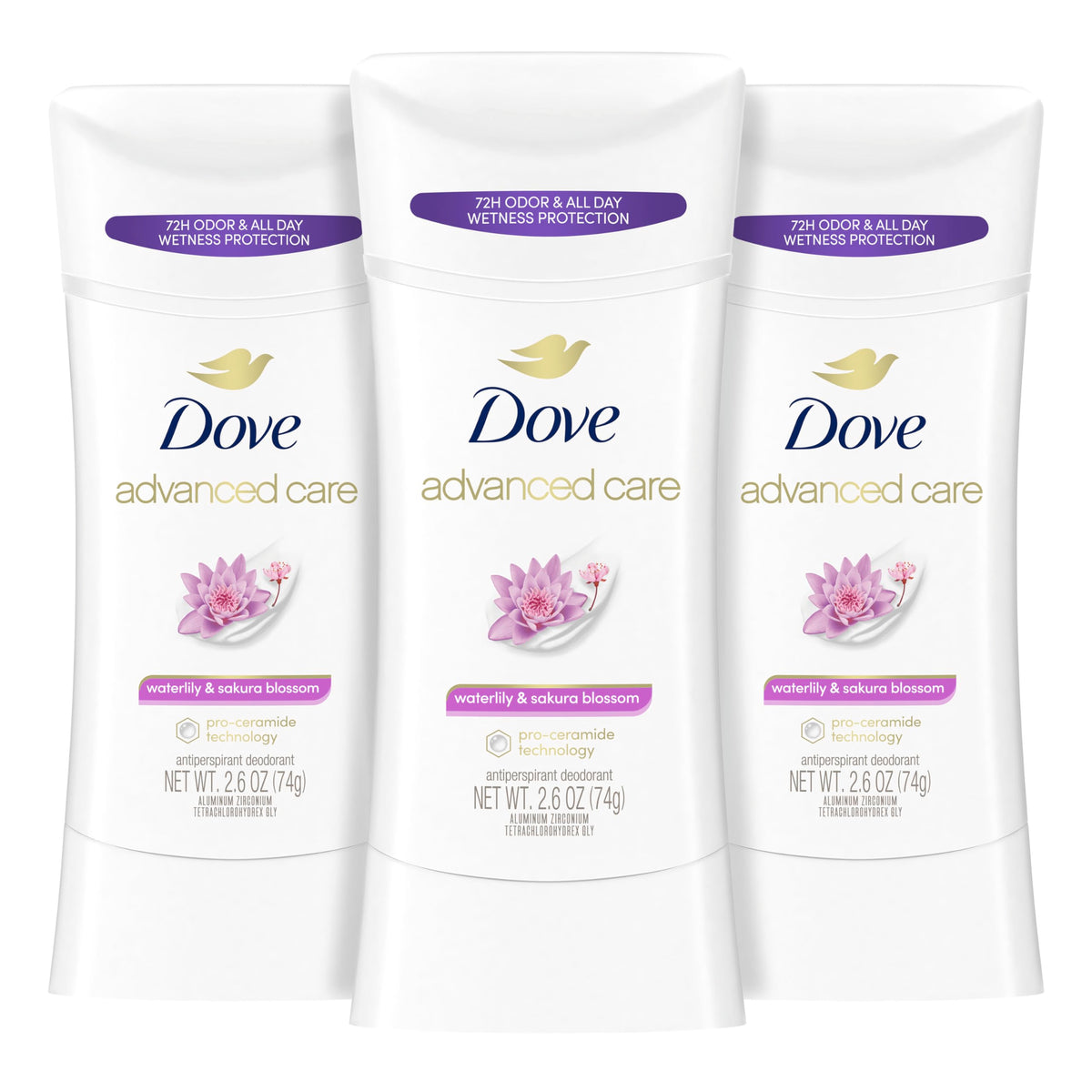 Dove Waterlily & Sakura Blossom antiperspirant stick pack provides daily underarm care