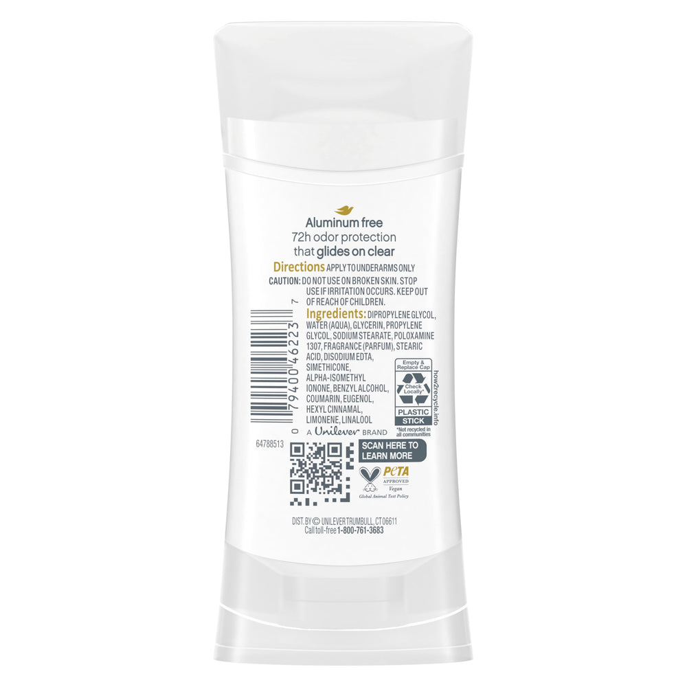 Dove zero aluminum deodorant pack shown for aluminum-free protection
