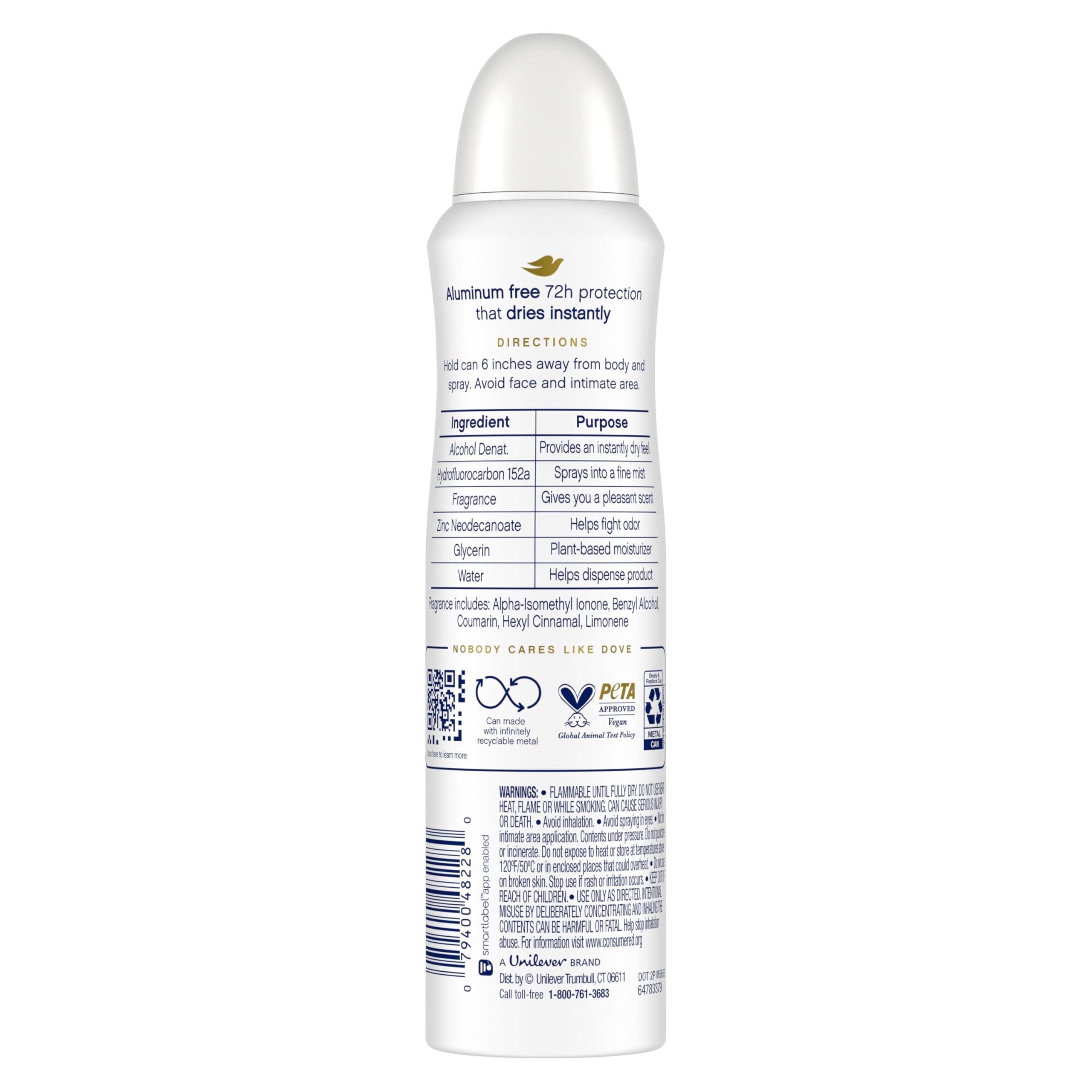 Dove deodorant spray being applied, quick-dry aluminum-free protection.