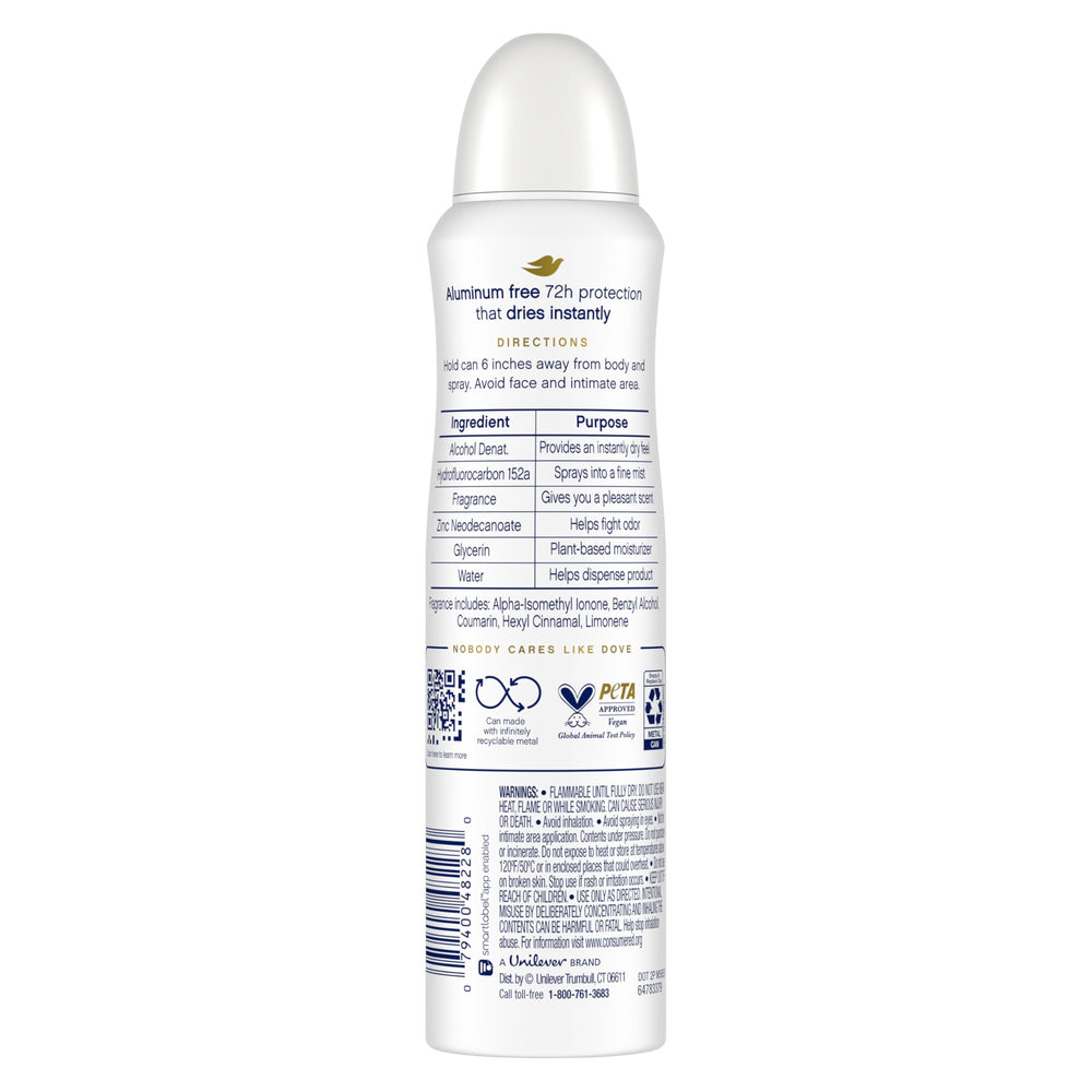 Dove deodorant spray being applied, quick-dry aluminum-free protection.