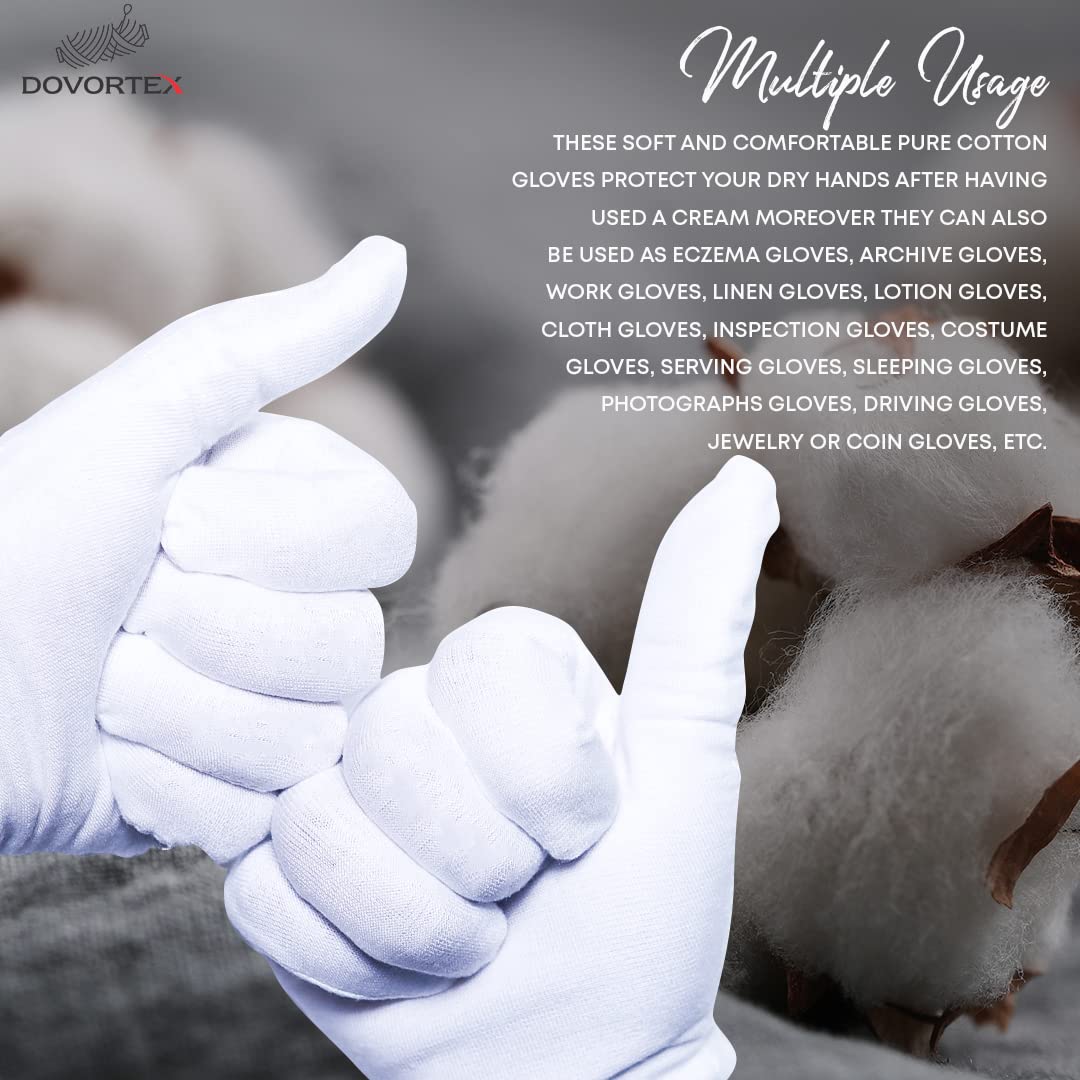 DOVORTEX white cotton gloves on hand demonstrate comfortable wear.