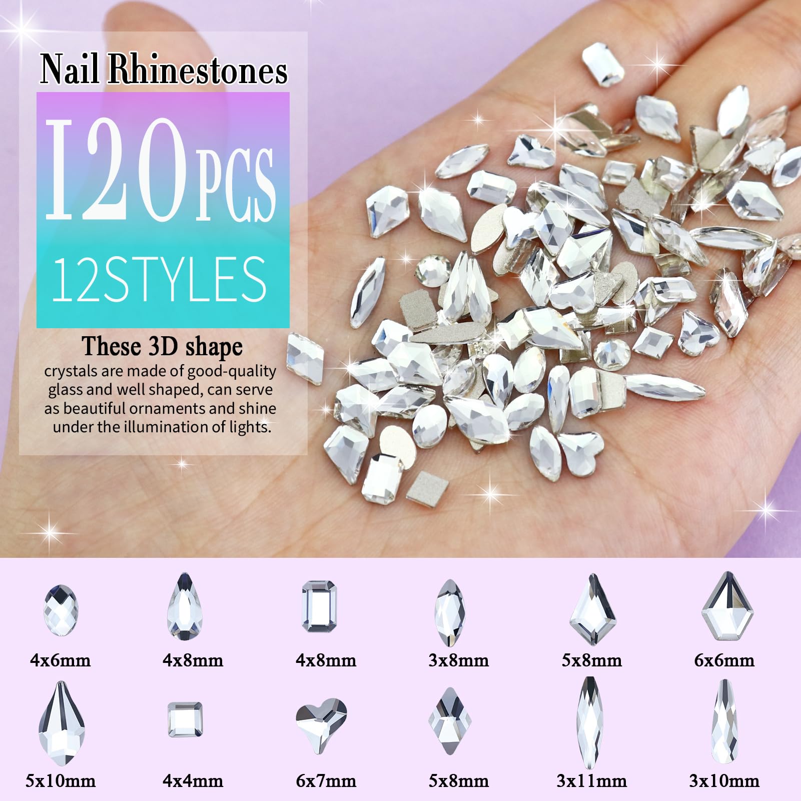 Dowarm Piedras Uñas Cristal 3D, 12 estilos, decoraciones y efectos 3D.