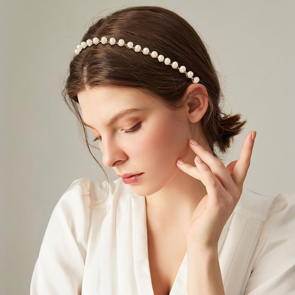 DOXISHRUKY blue headband with pearl florals adds subtle charm to hairstyles