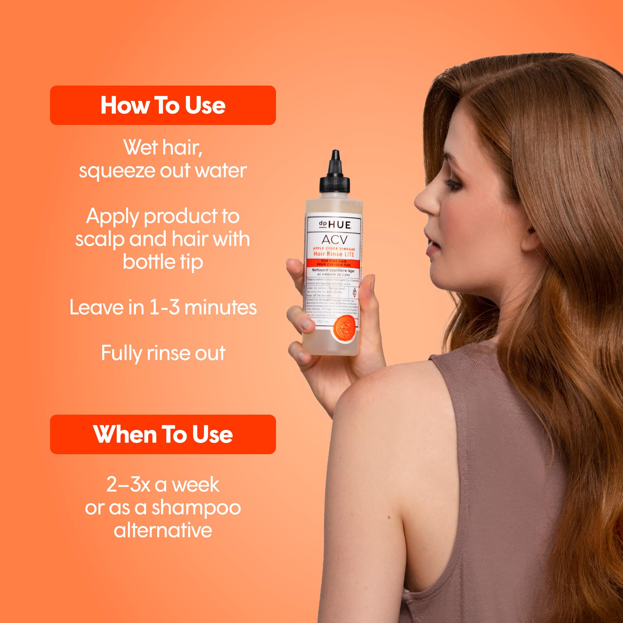 dpHUE ACV Hair Rinse Lite in use on hair, lightweight cleanse after workout