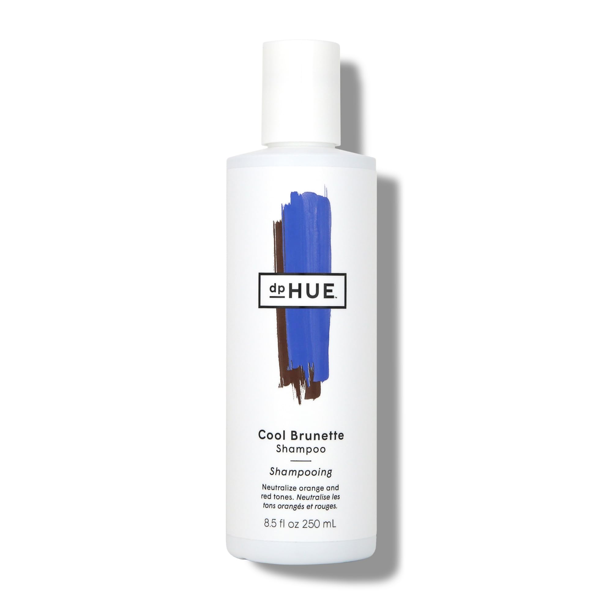 dpHUE Cool Brunette Shampoo bottle with blue pigments neutralizing brassiness on brunettes.