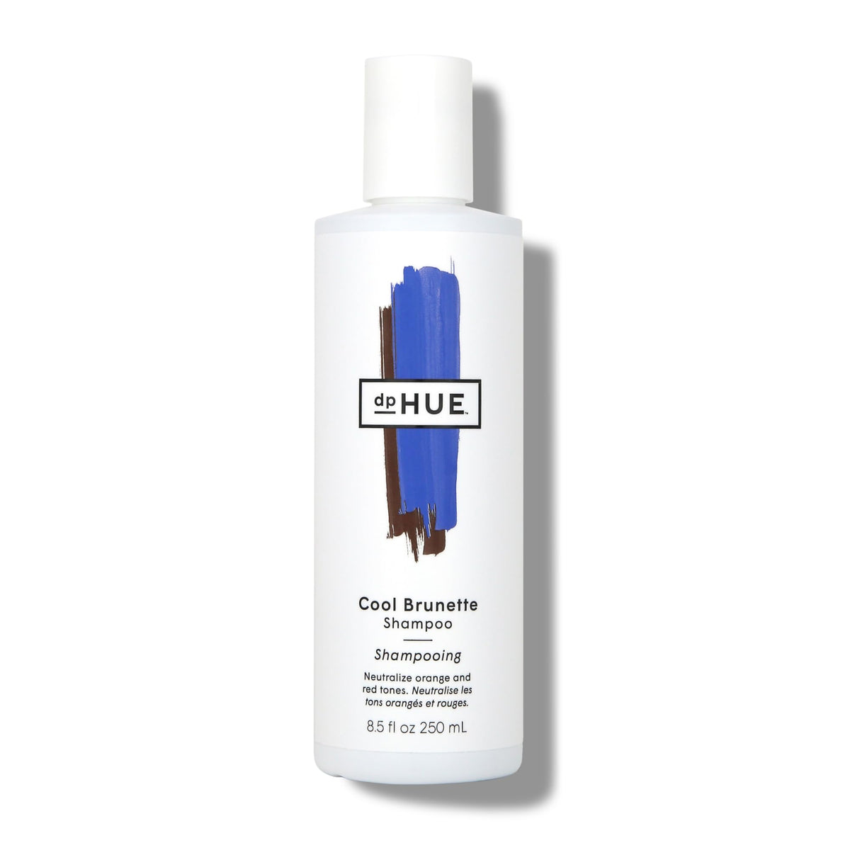 dpHUE Cool Brunette Shampoo bottle with blue pigments neutralizing brassiness on brunettes.