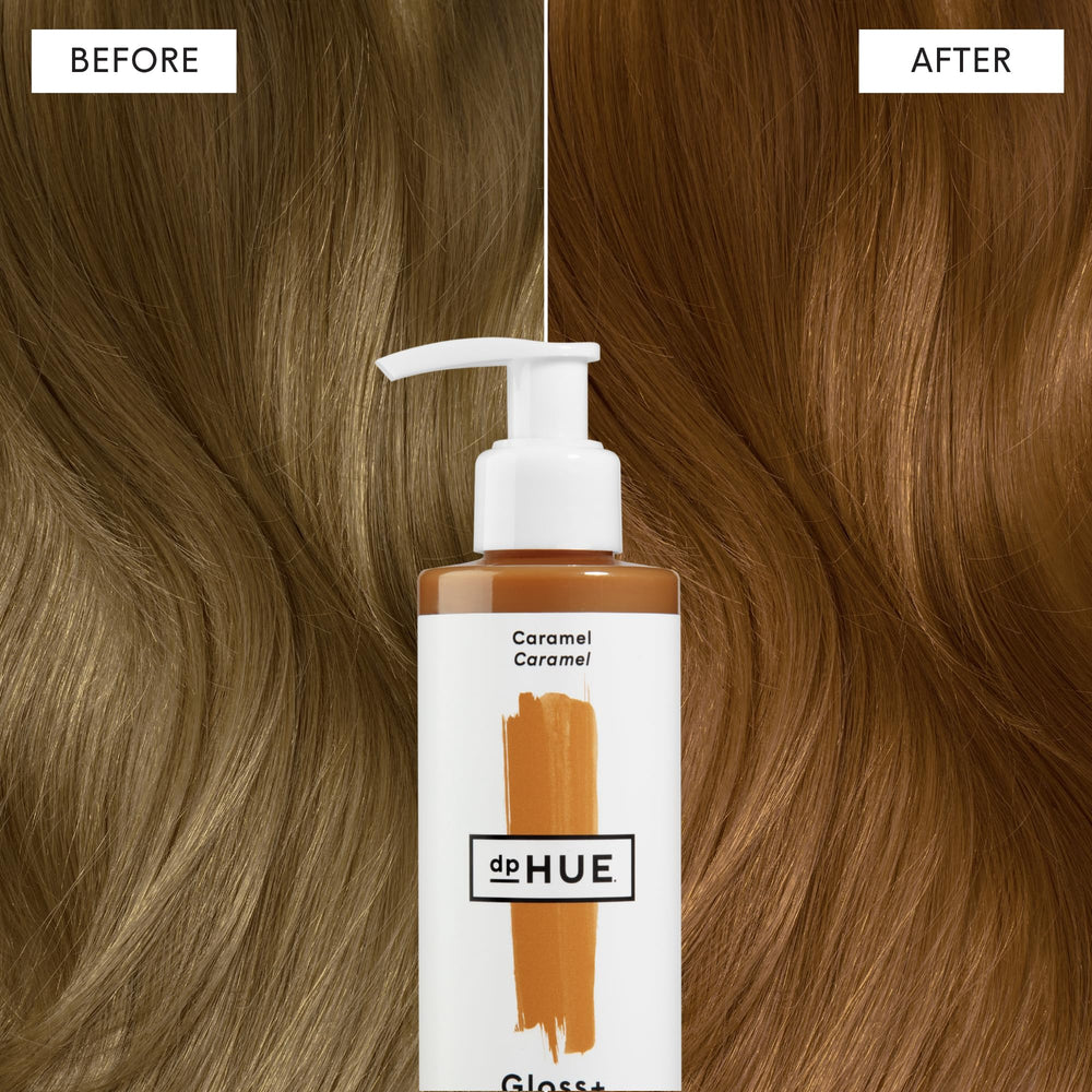 dpHUE Gloss+ Caramel color chart displays warm golden tones in the range
