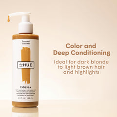 dpHUE Gloss+ Caramel swatches on hair show subtle color reinforcement and shine