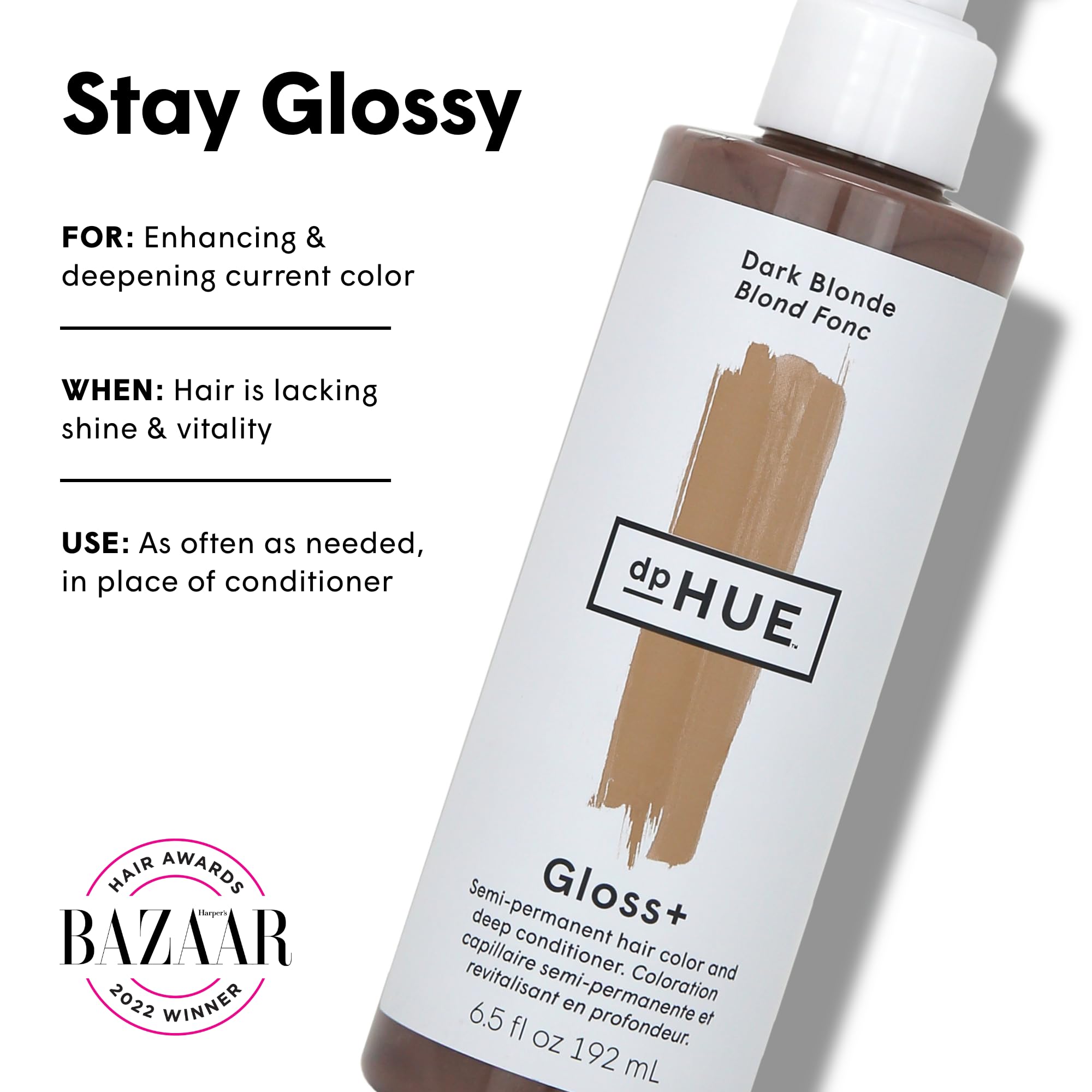dpHUE Gloss+ Dark Blonde application on damp hair for subtle shine boost.