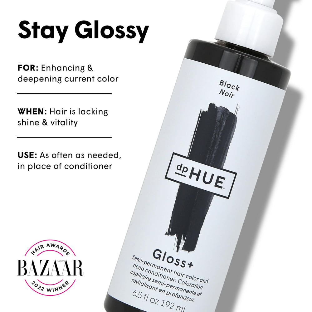 dpHUE Gloss+ Black swatches showing deep natural black tint