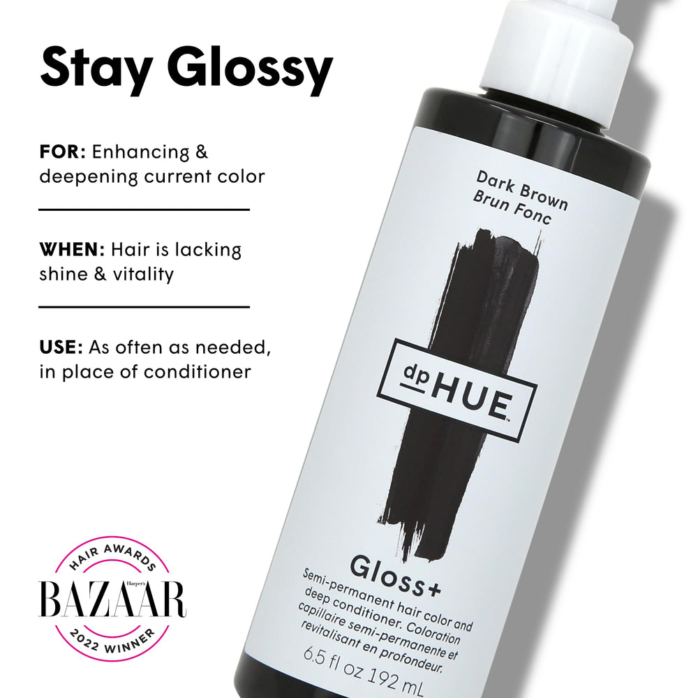 dpHUE Gloss+ Dark Brown application on hair delivers temporary color lift and shine.