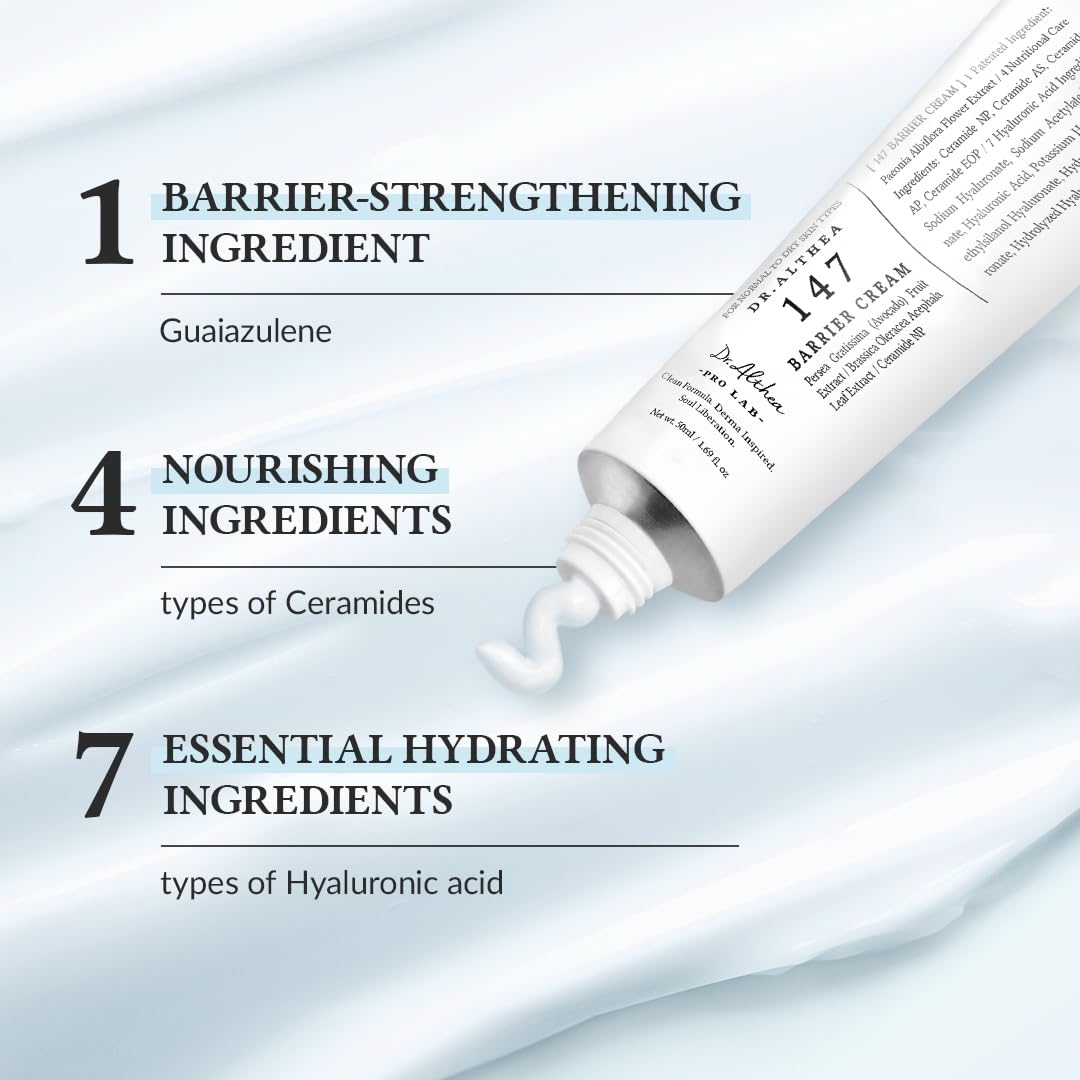 Cream texture swatch highlights soothing, non-greasy finish for daily use.