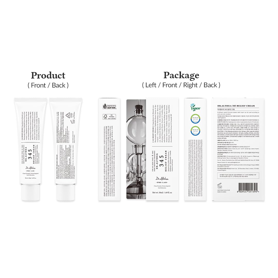 Dr.Althea 345 Relief Cream vegan label visible on packaging for clean skincare.