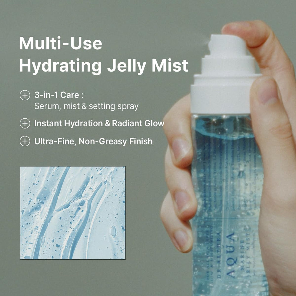 Dr.Althea Aqua Marine Jelly Mist misting on skin for cooling hydration.