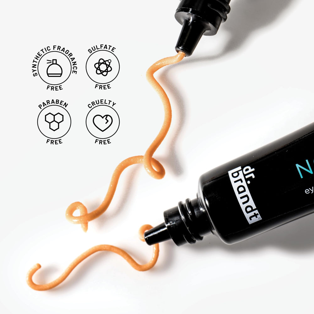Dr. Brandt Needles No More Baggage features caffeine and peptides for refreshed appearance.