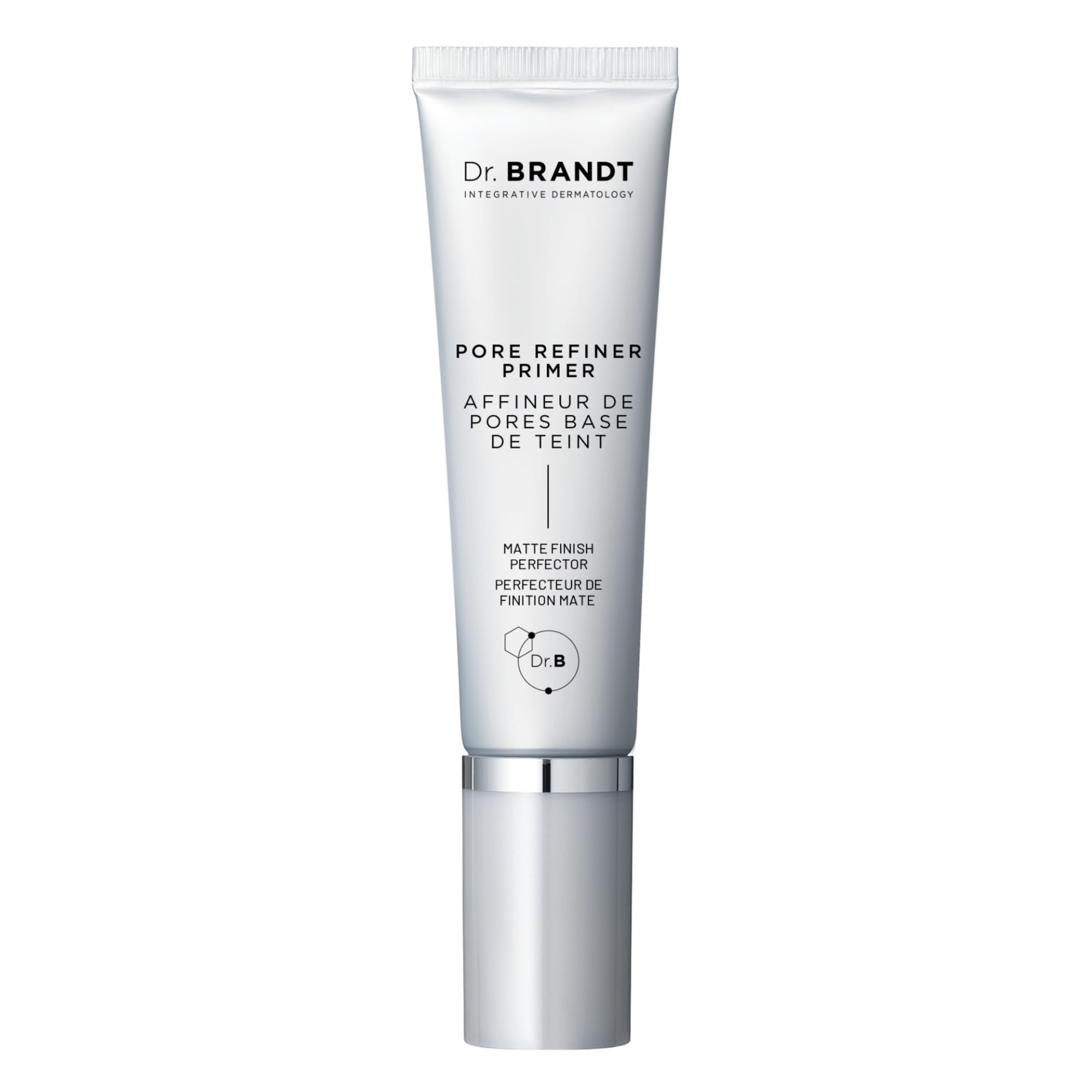 Dr. Brandt Pores No More bottle with pump showing oil absorption and pore refinement.